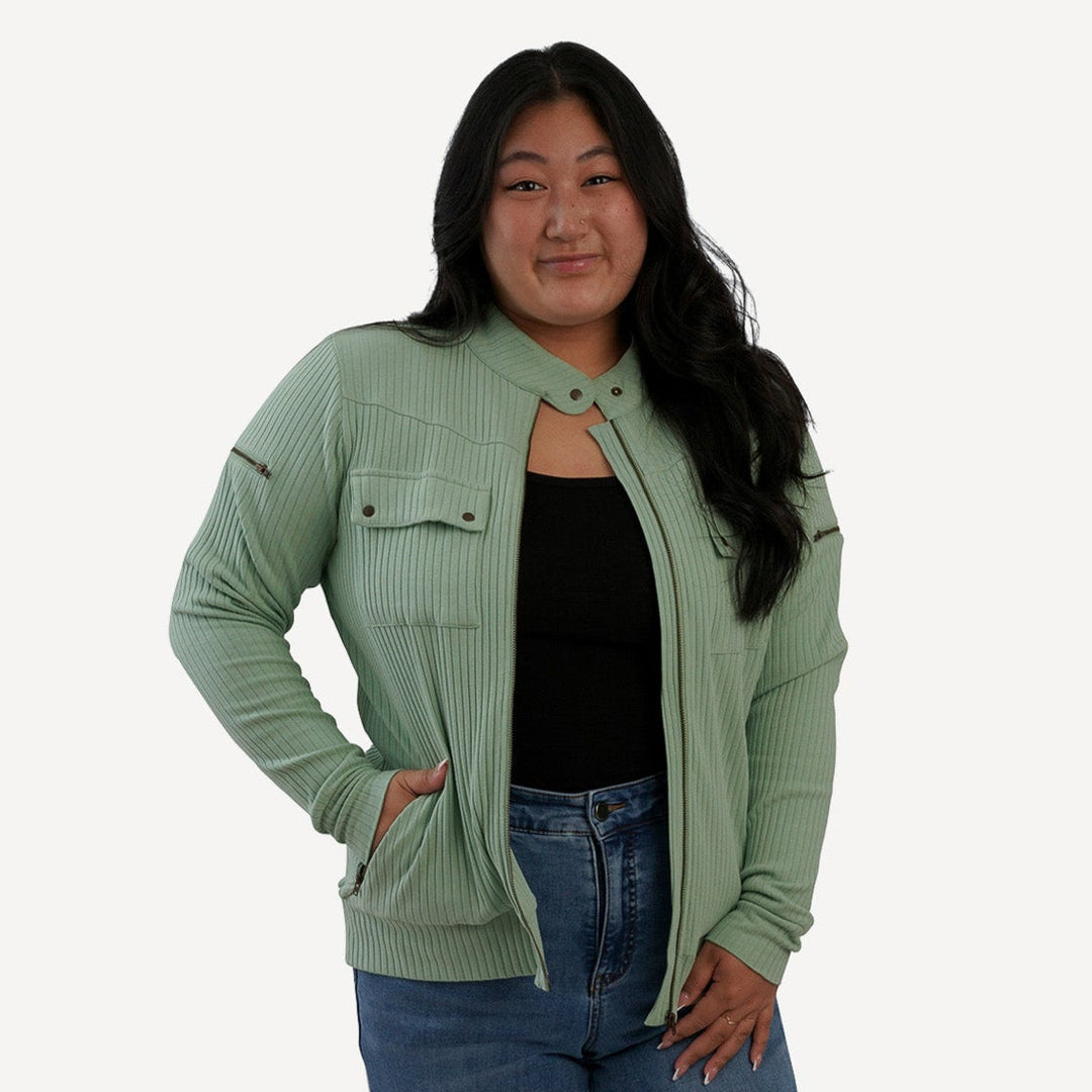 womens motorcycle jacket | smoke green | organic cotton wide rib