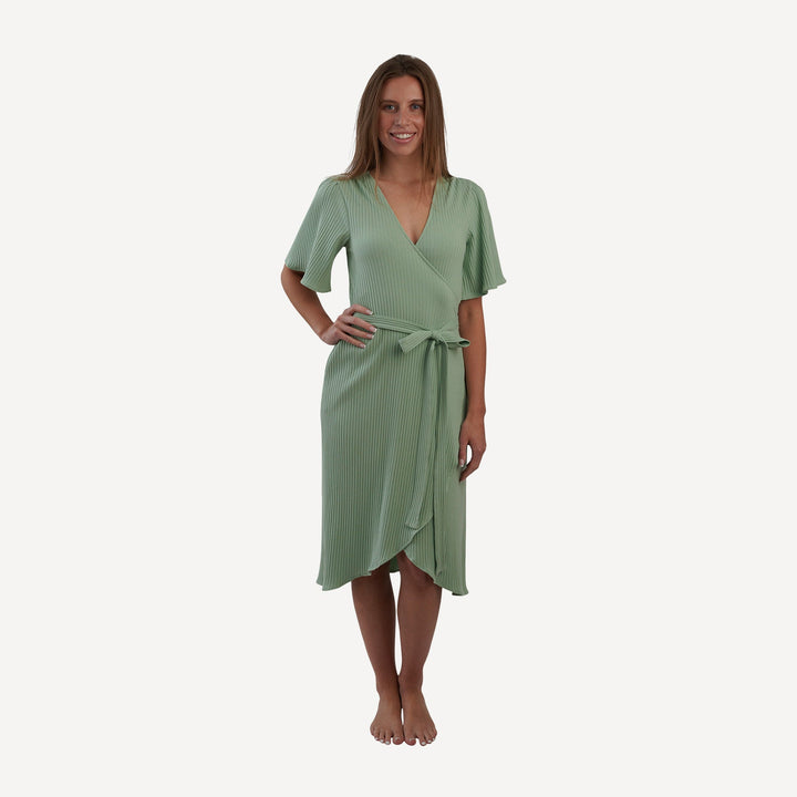 womens flutter sleeve wrap dress | smoke green | organic cotton wide rib