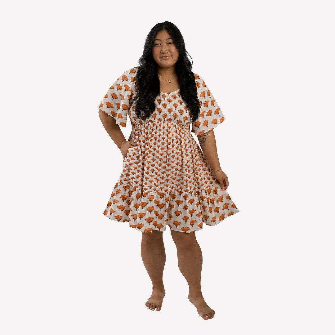 womens flutter sleeve smocked short dress | large marigold | organic cotton gauze