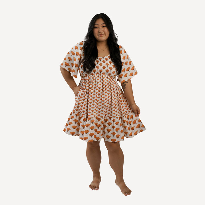 womens flutter sleeve smocked short dress | large marigold | organic cotton gauze