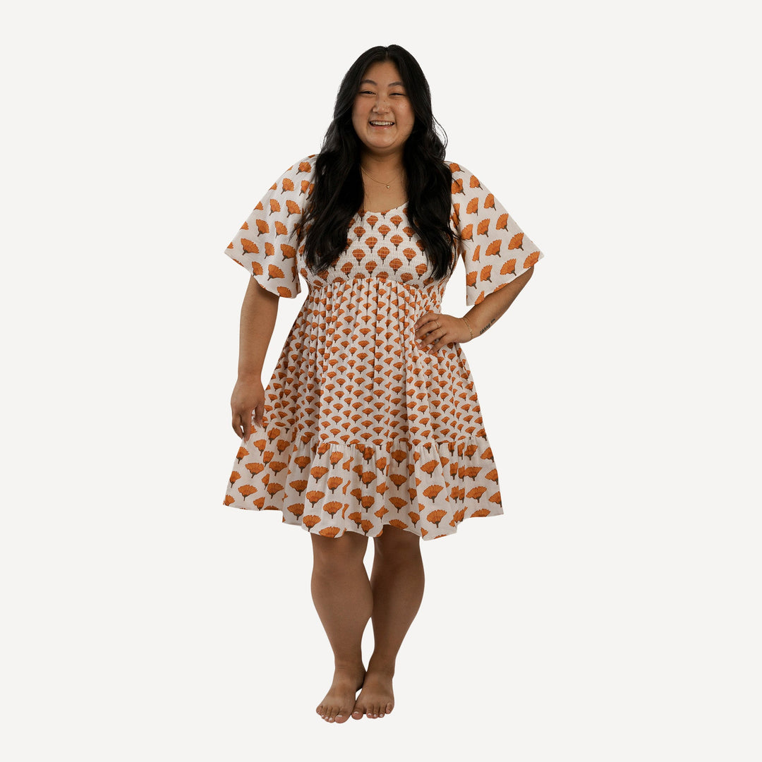 womens flutter sleeve smocked short dress | large marigold | organic cotton gauze
