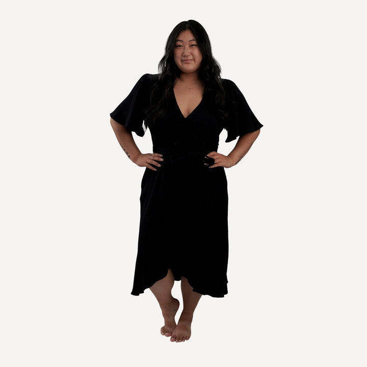 womens flutter sleeve wrap dress | black | organic cotton wide rib
