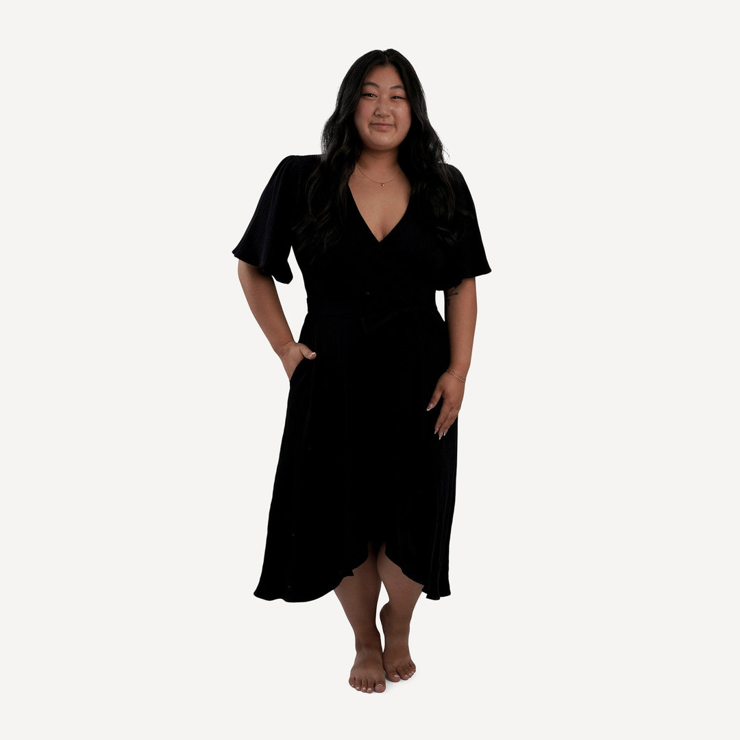 womens flutter sleeve wrap dress | black | organic cotton wide rib