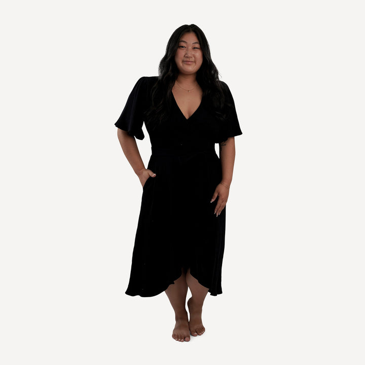 womens flutter sleeve wrap dress | black | organic cotton wide rib