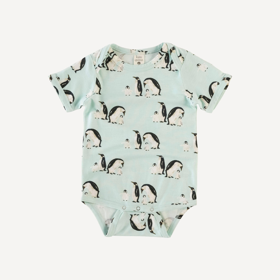 short sleeve lap neck bodysuit | penguin family | bamboo