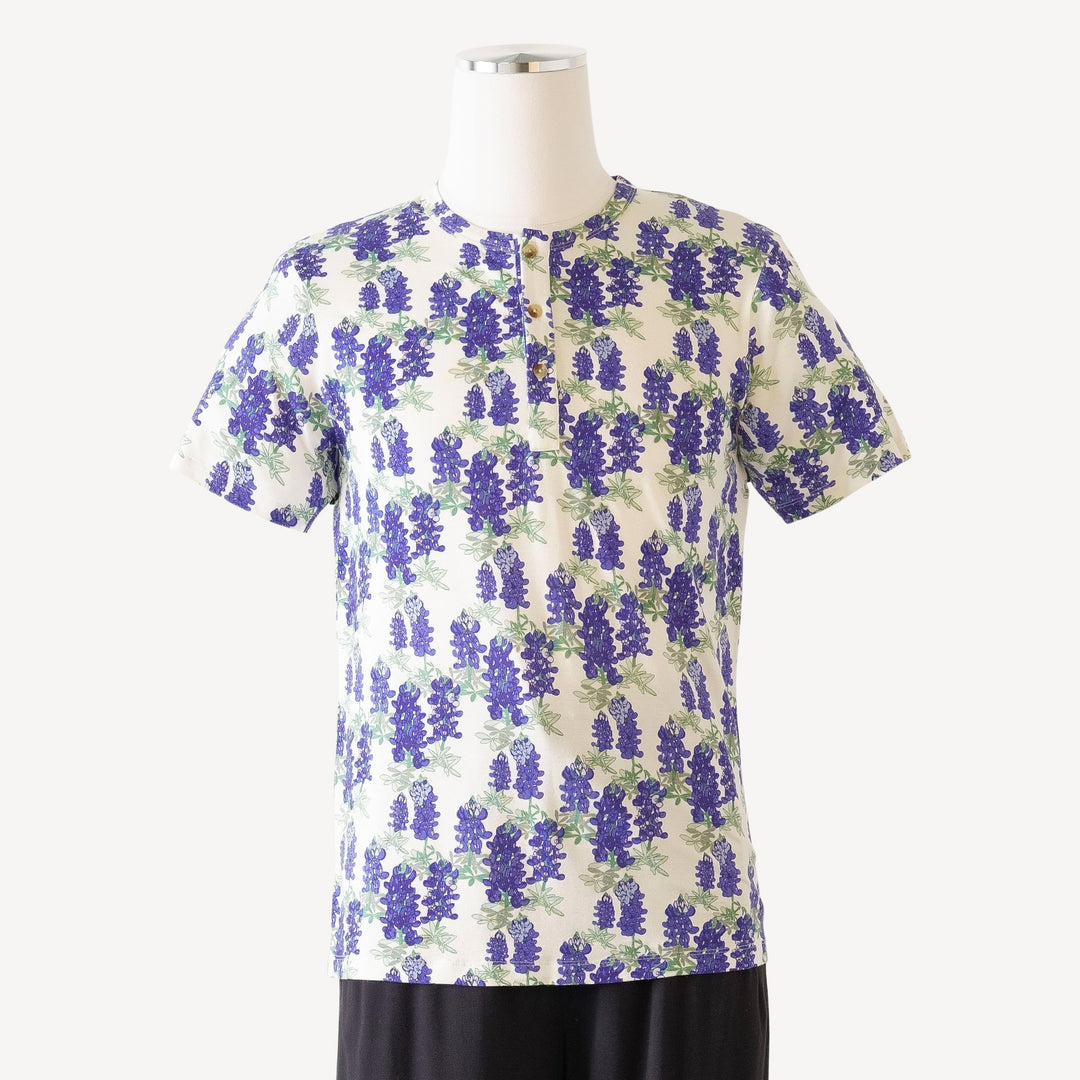 mens short sleeve henley top | blue bonnets | organic cotton jersey