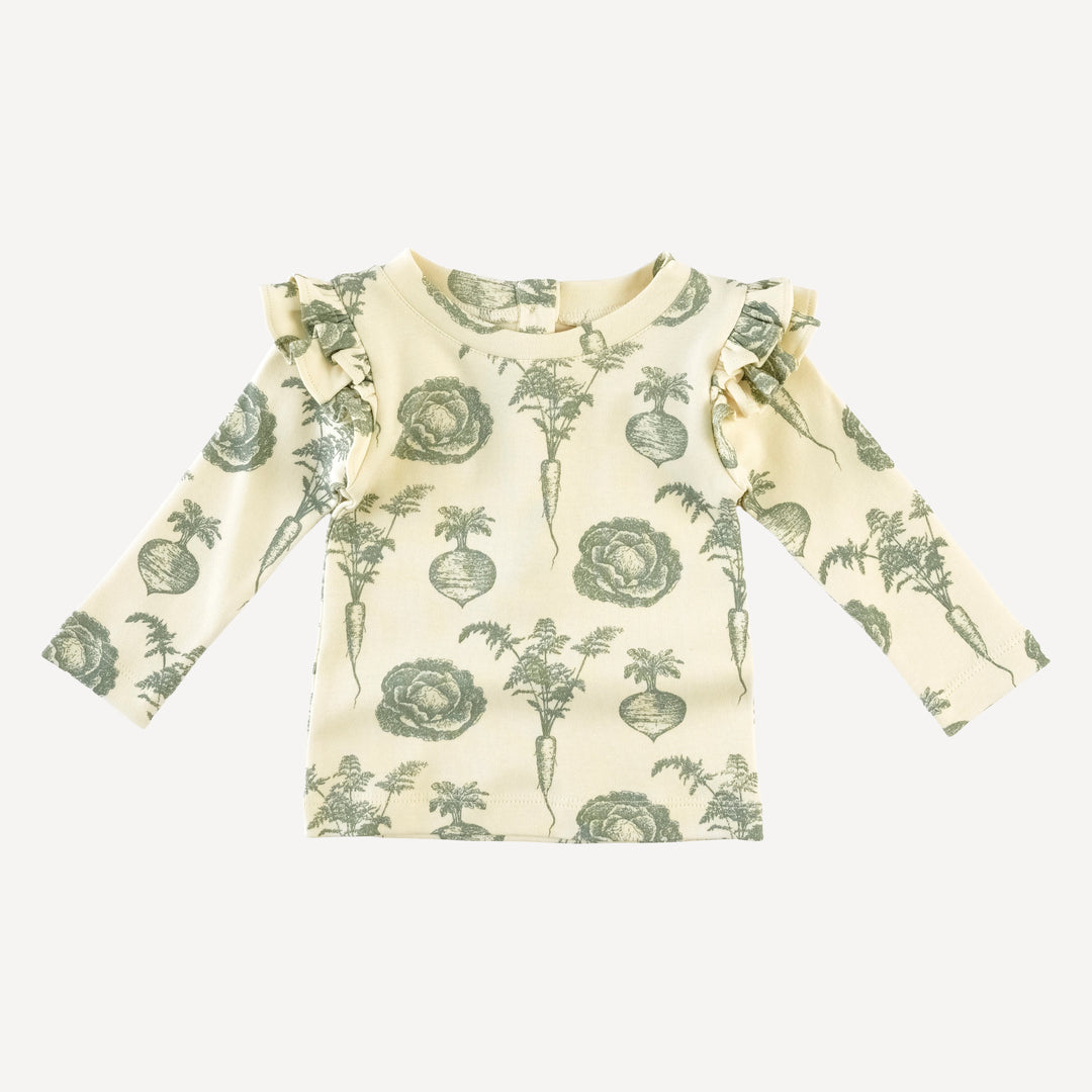 long sleeve double ruffle tee | jadeite veggies | organic cotton interlock