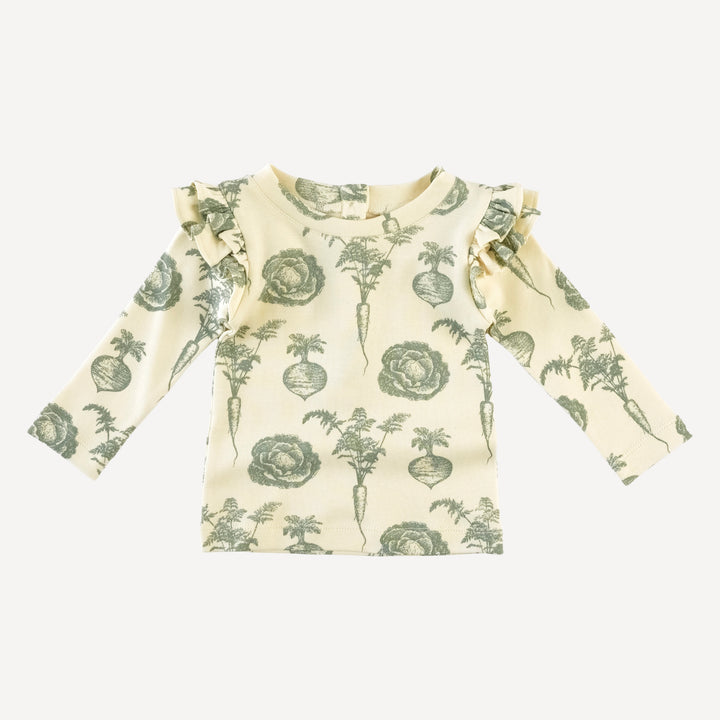 long sleeve double ruffle tee | jadeite veggies | organic cotton interlock