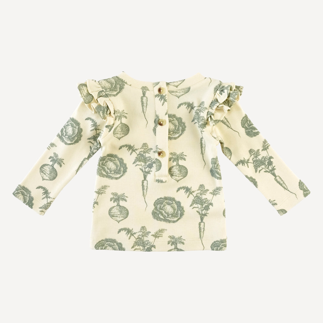 long sleeve double ruffle tee | jadeite veggies | organic cotton interlock
