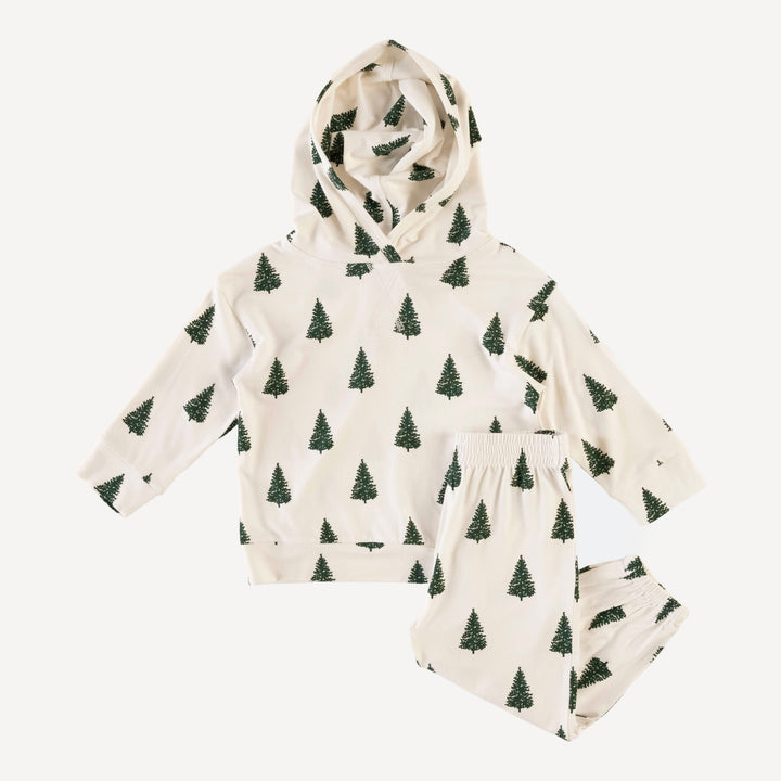 long sleeve boxy topstitch hoodie and relaxed jogger set | mountain view forest pine | bamboo