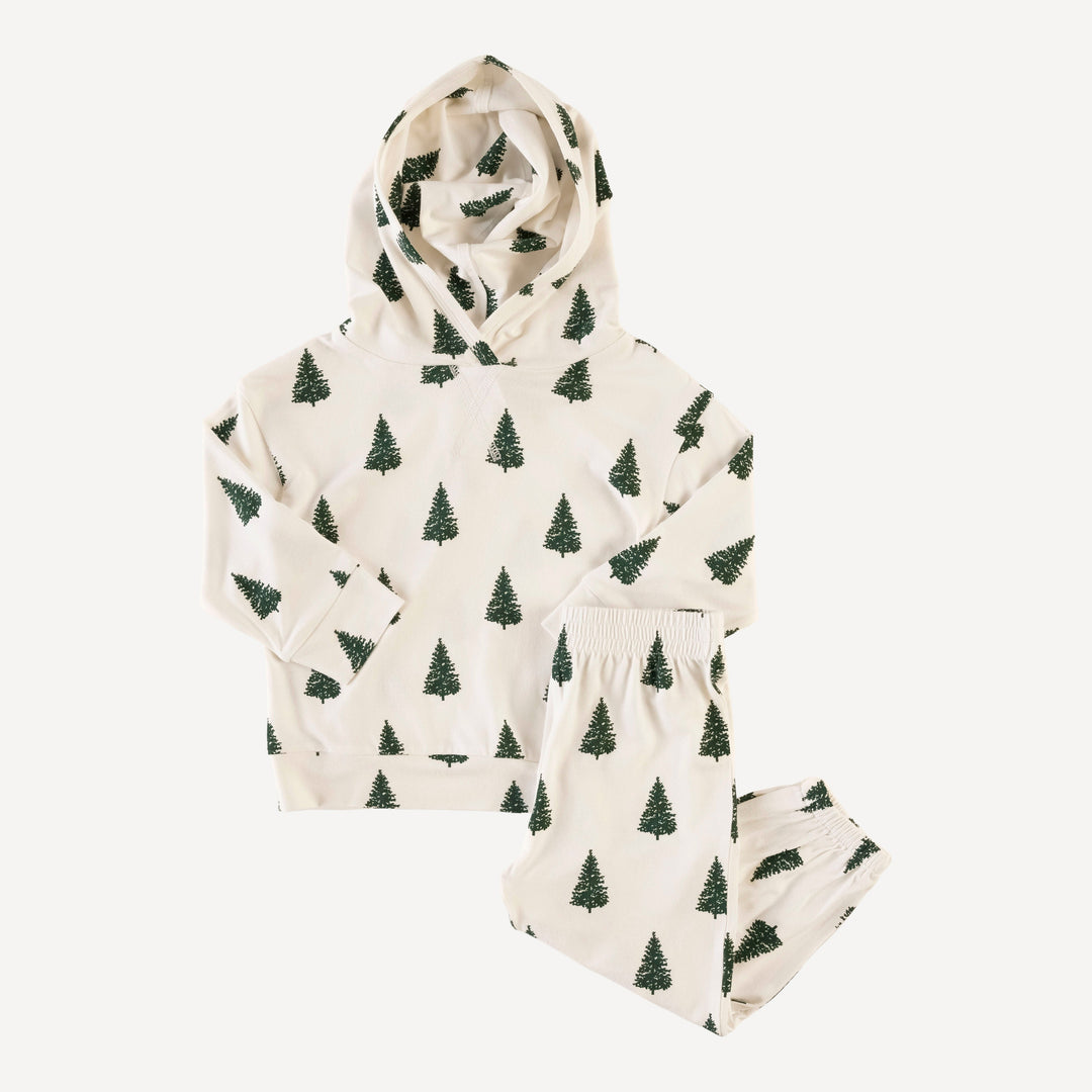 long sleeve boxy topstitch hoodie and relaxed jogger set | mountain view forest pine | bamboo
