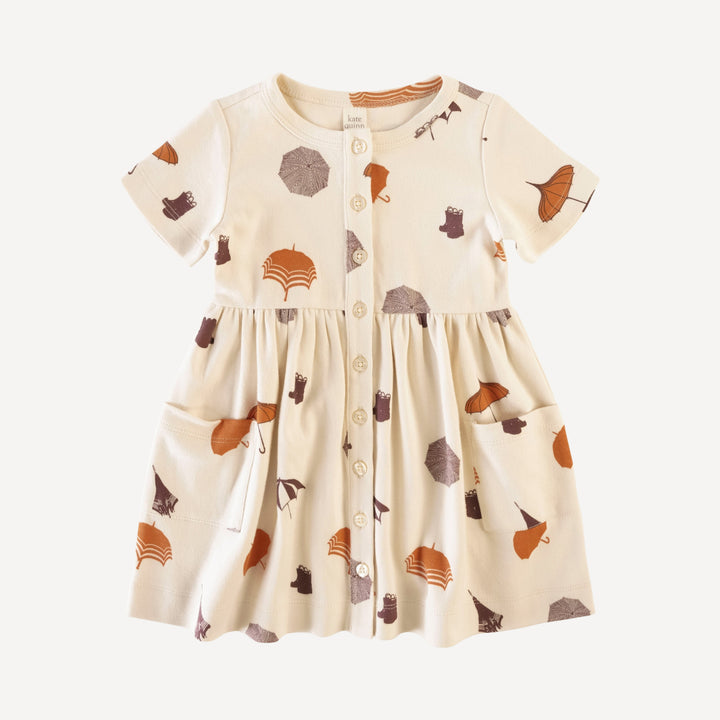 short sleeve button front pocket dress | umbrellas | organic cotton interlock