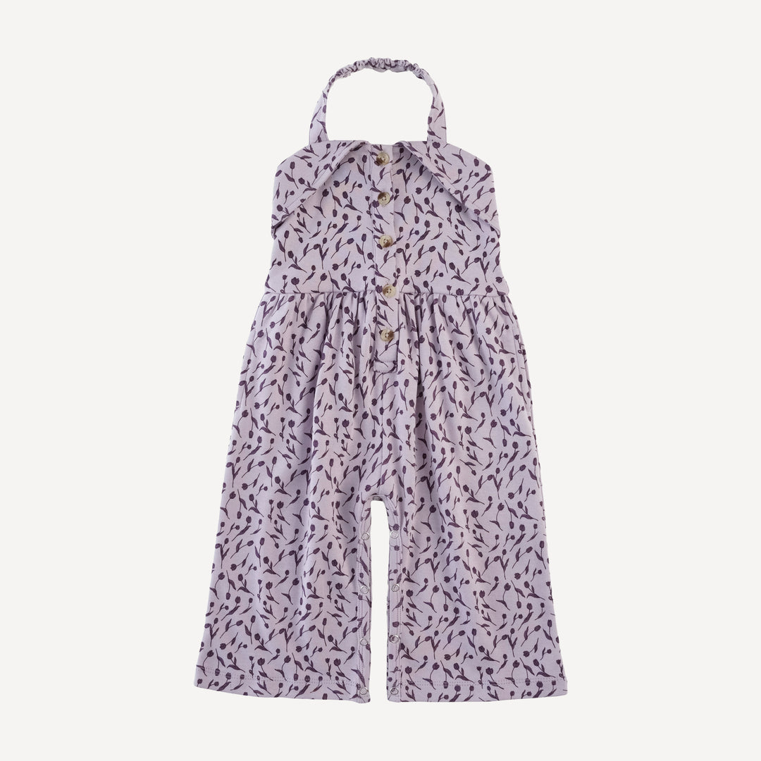 folded collar halter gaucho jumpsuit | purple tulip | organic cotton interlock