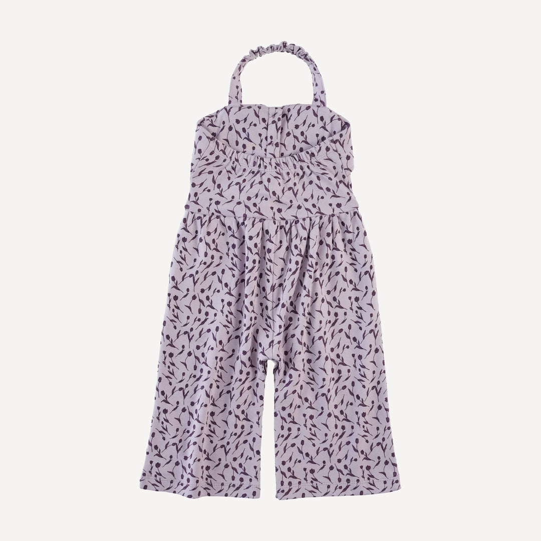 folded collar halter gaucho jumpsuit | purple tulip | organic cotton interlock