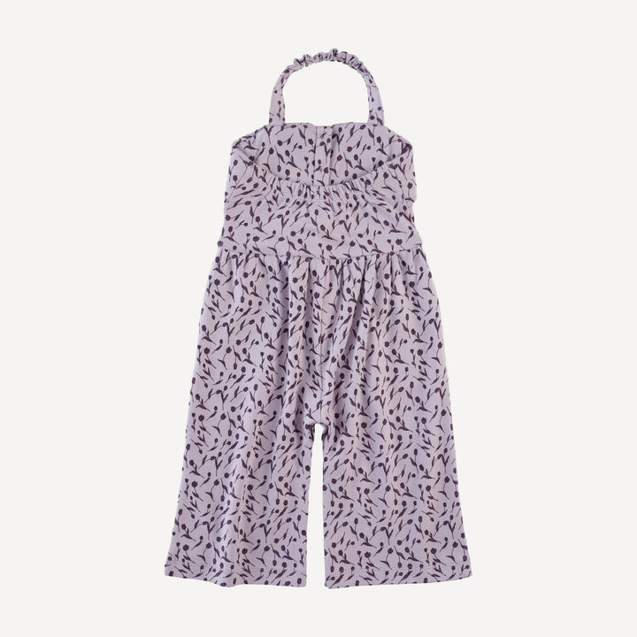 folded collar halter gaucho jumpsuit | purple tulip | organic cotton interlock
