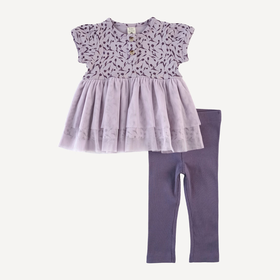 puff sleeve tulle top + legging set | purple tulip | organic cotton interlock