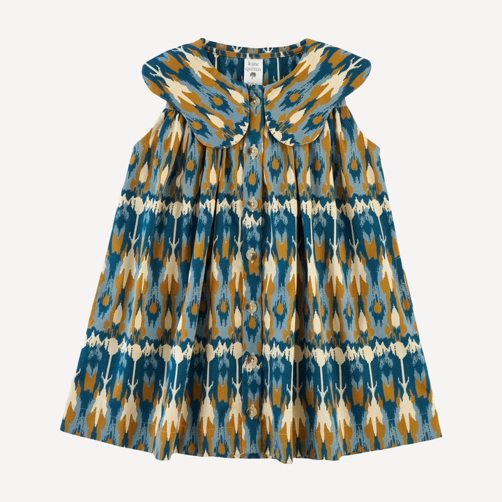olive dress | blue ikat | organic cotton sateen woven