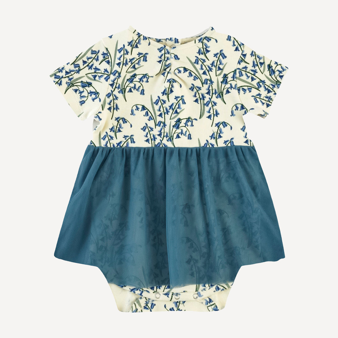 short sleeve ruched tulle skirted bodysuit | bluebells | organic cotton interlock