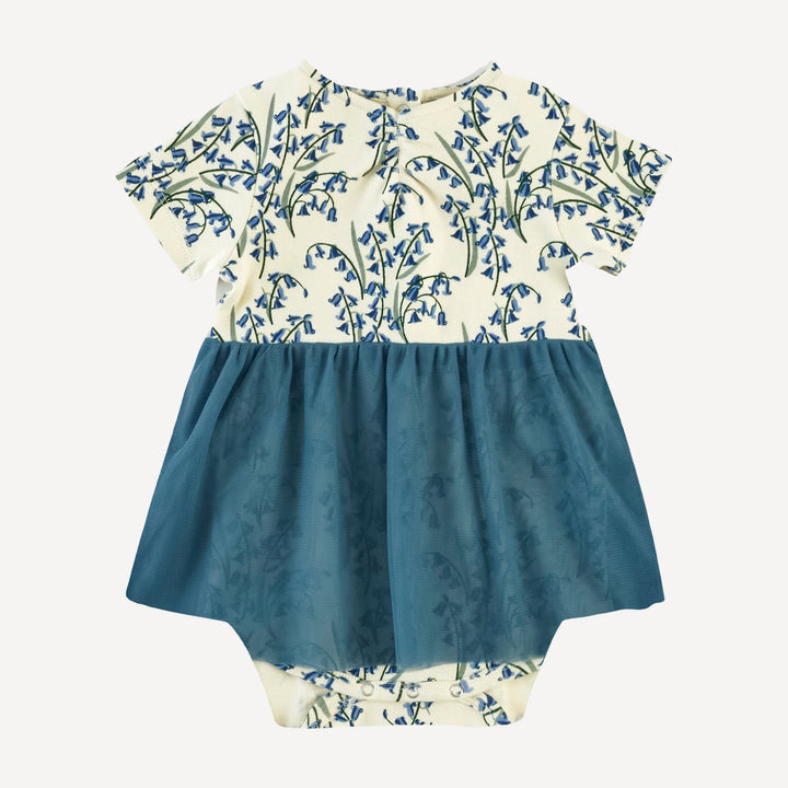 short sleeve ruched tulle skirted bodysuit | bluebells | organic cotton interlock
