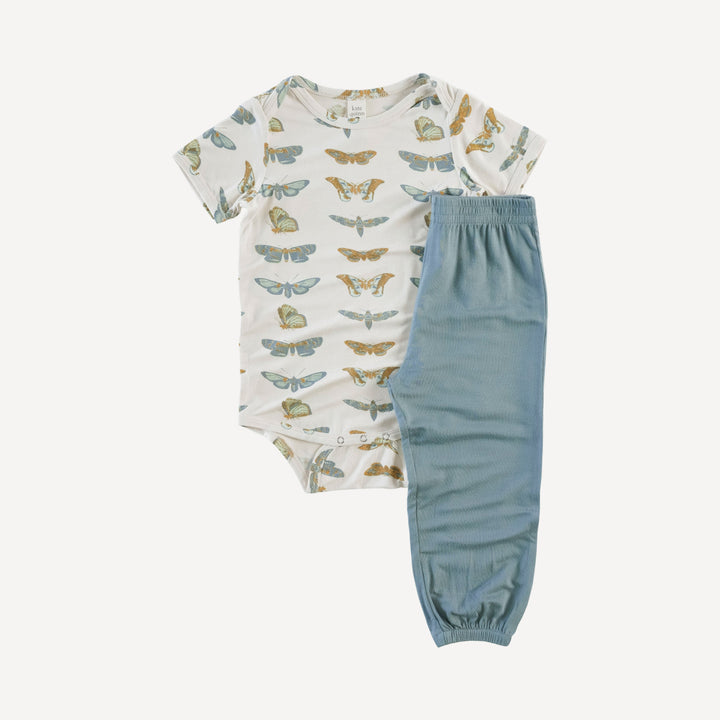 short sleeve lap neck bodysuit + relaxed jogger set | dusty blue moth | lenzing modal