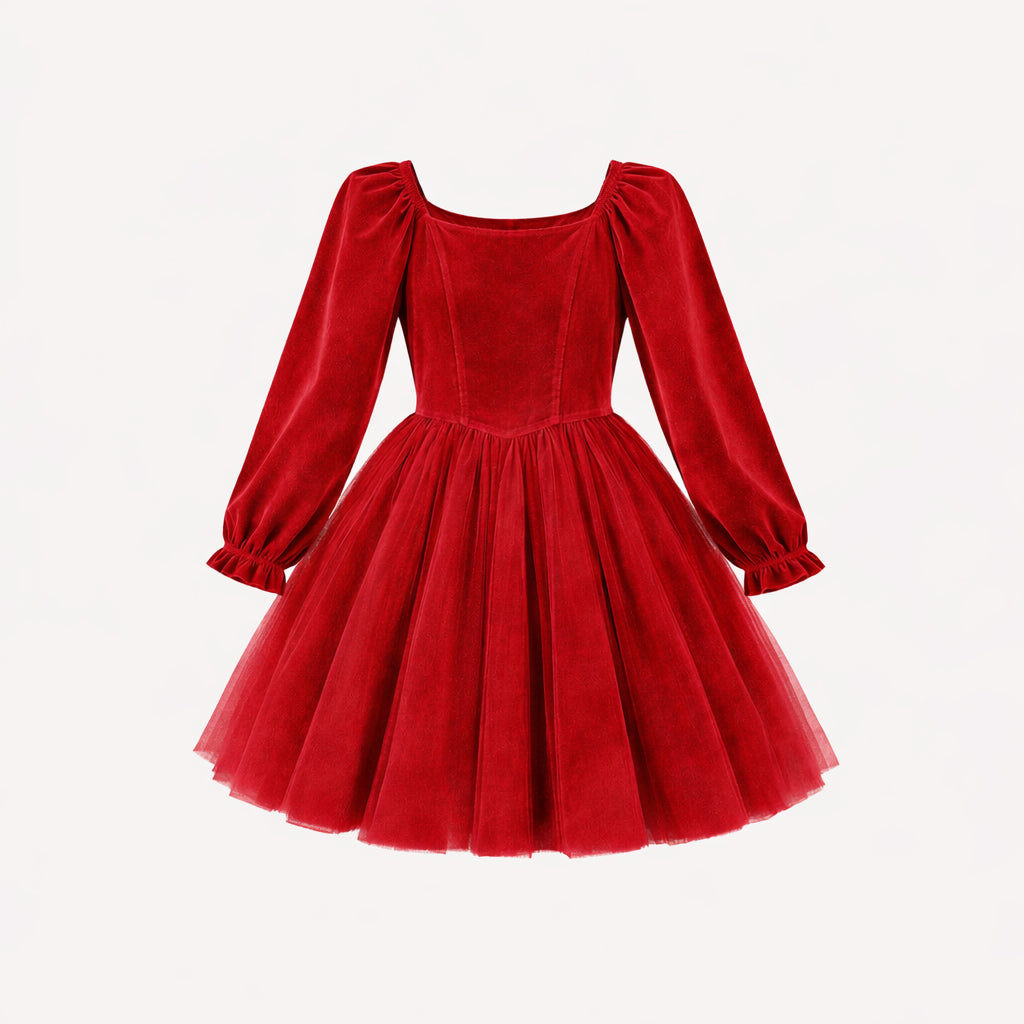 long sleeve princess tulle dress | rococco red | organic cotton velour