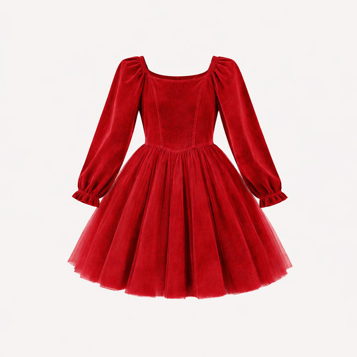 long sleeve princess tulle dress | rococco red | organic cotton velour