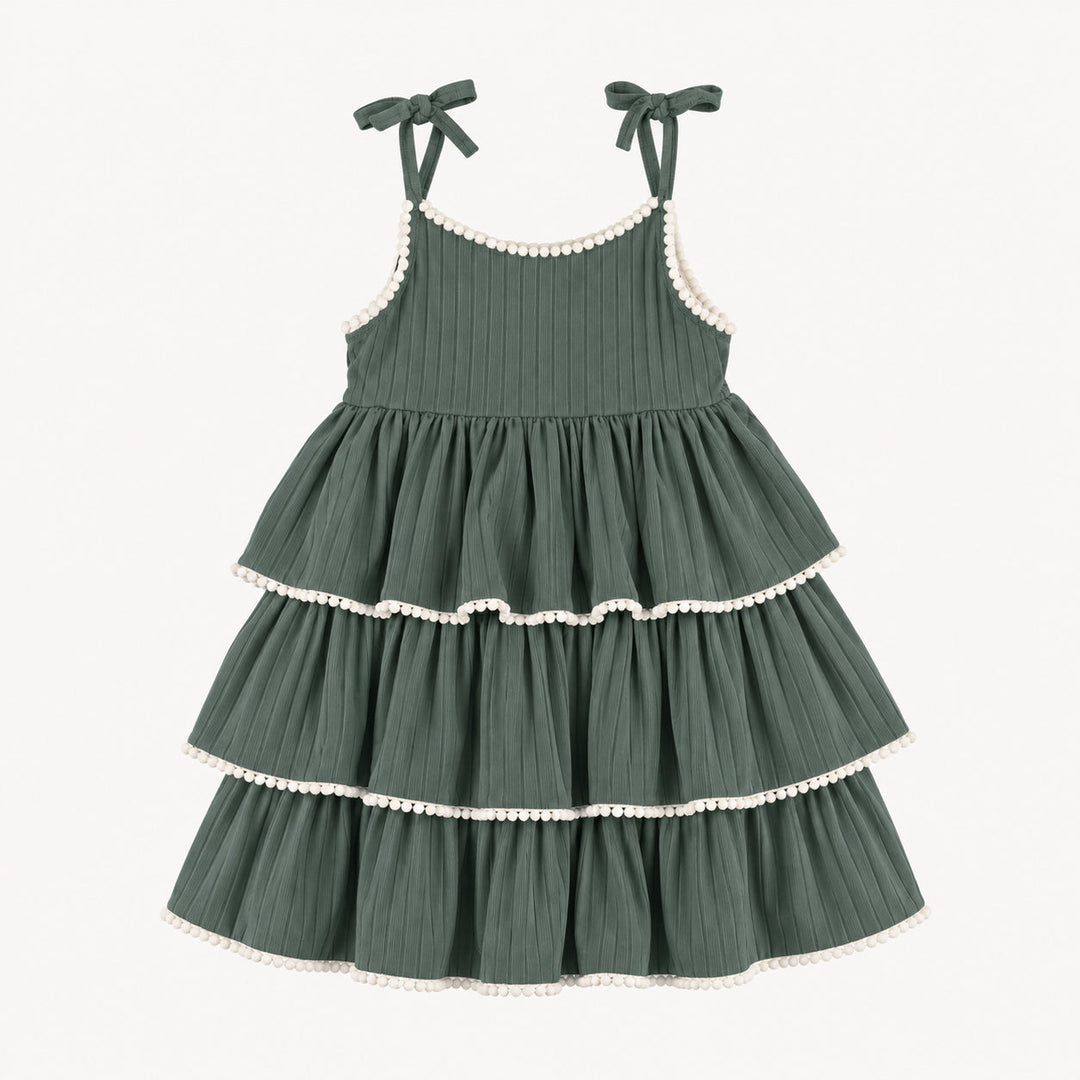PREORDER spaghetti tie ruched ruffle tier pom pom dress | forest | woods rib