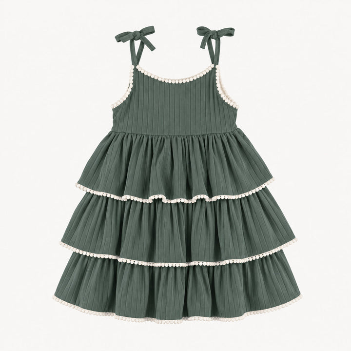 PREORDER spaghetti tie ruched ruffle tier pom pom dress | forest | woods rib