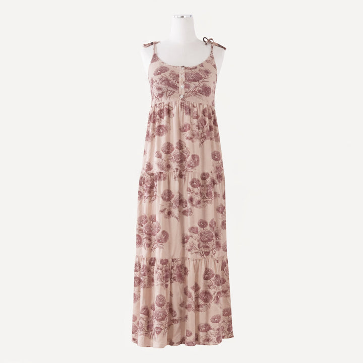 womens spaghetti tie prairie dress | burlwood dahlia | organic cotton jersey