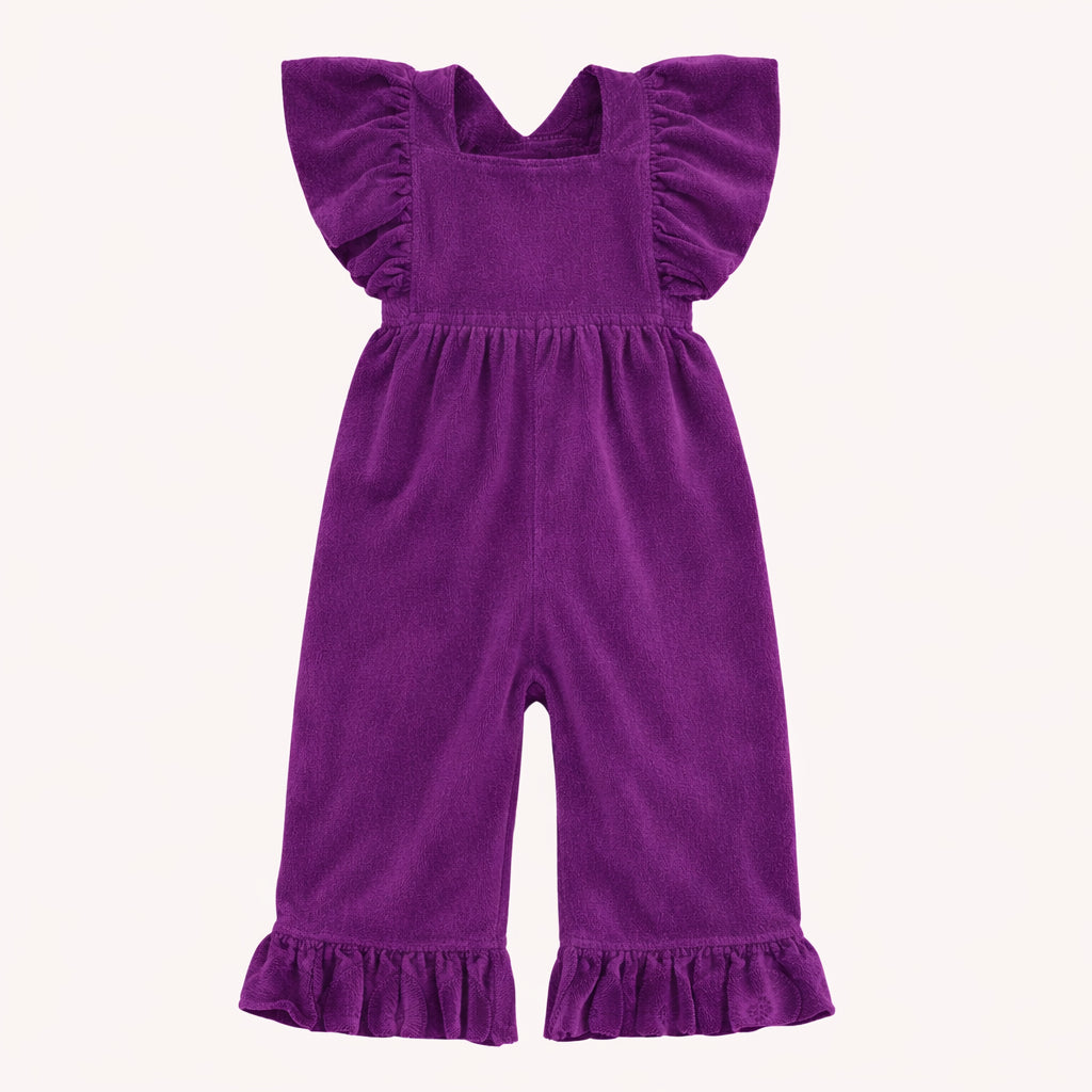 ruffle strap jumpsuit | amethyst  | organic cotton velour