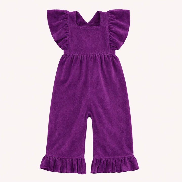 ruffle strap jumpsuit | amethyst  | organic cotton velour