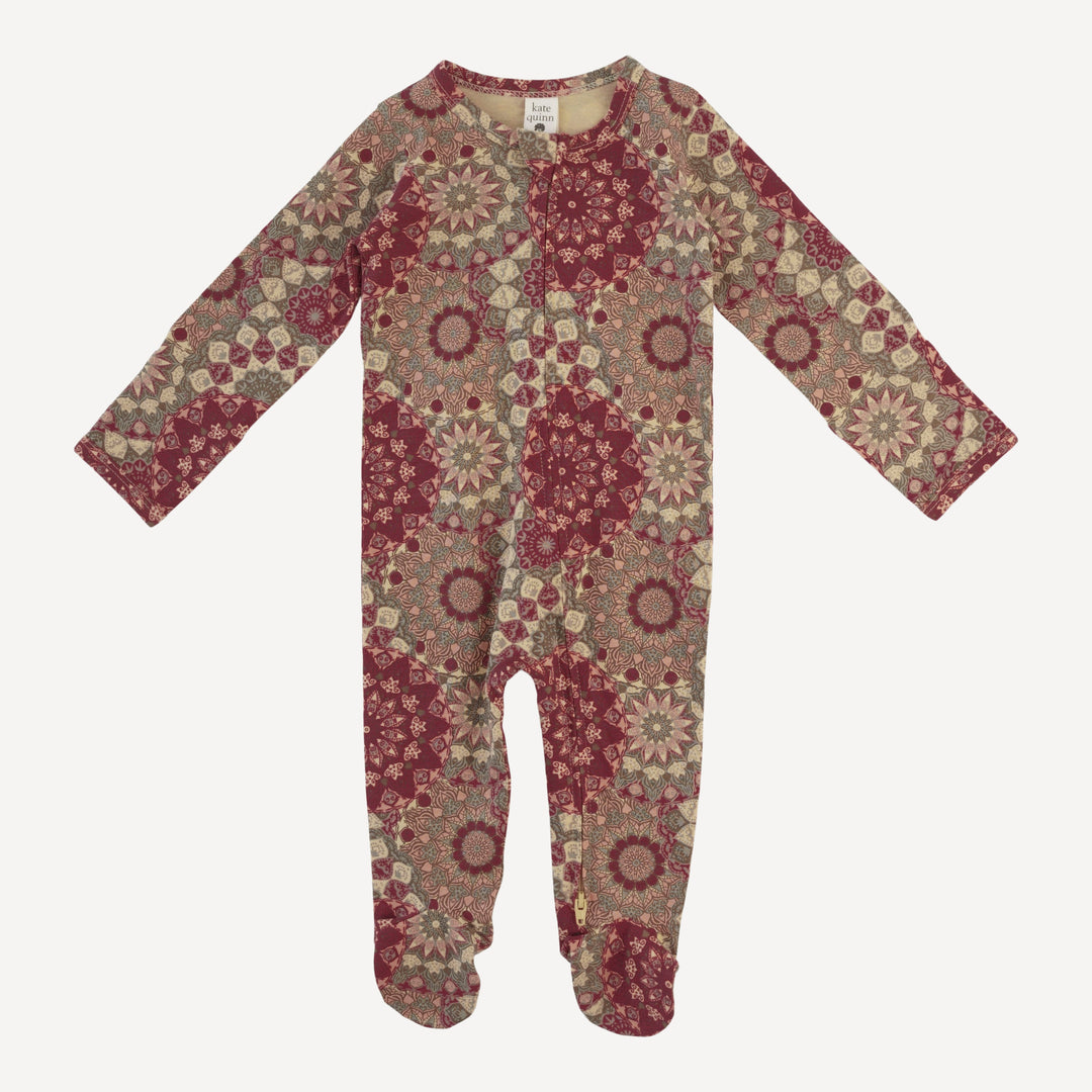long sleeve two way zipper footie | earthen mandala | organic cotton jersey