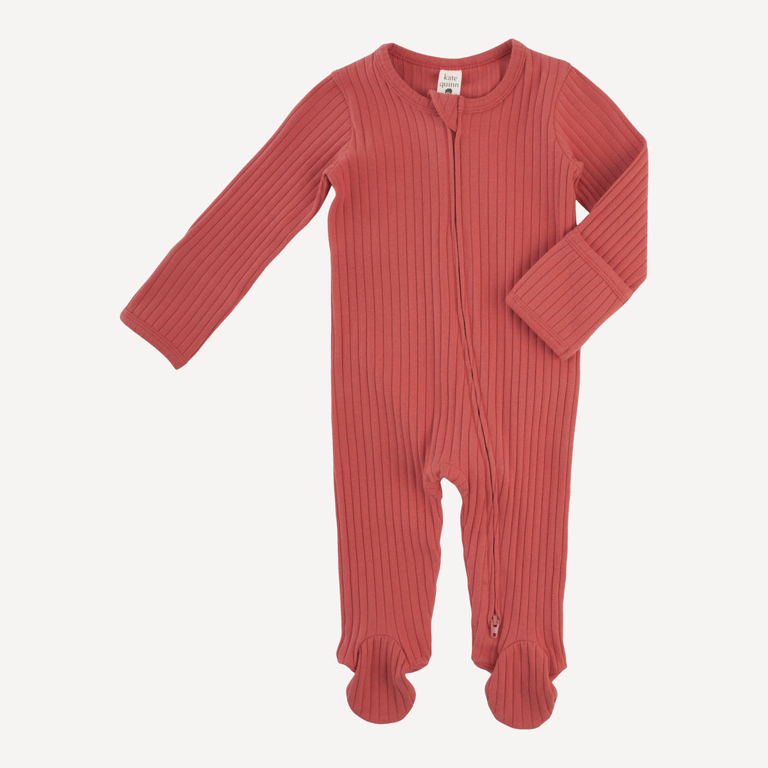 long sleeve two way zipper footie | earthen red | organic cotton wide rib