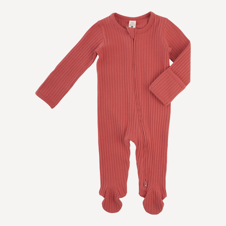 long sleeve two way zipper footie | earthen red | organic cotton wide rib