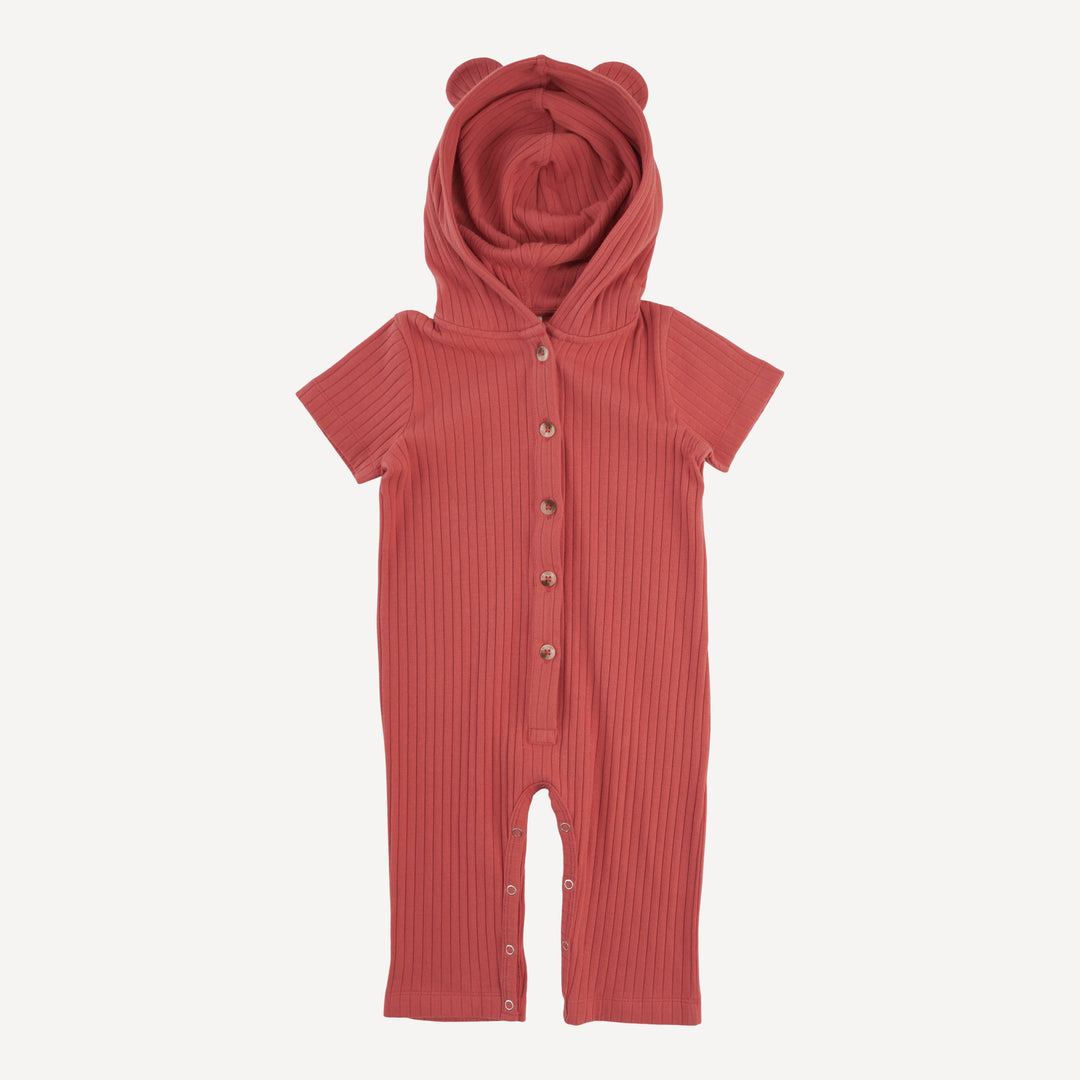 short sleeve relaxed bear button union jumpsuit | earthen red | organic cotton wide rib