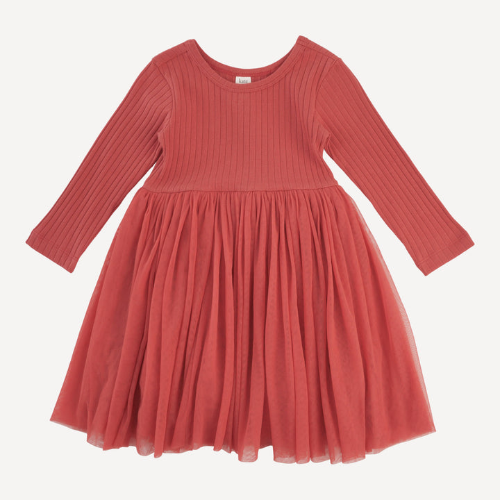 long sleeve ballerina tulle dress | earthen red | organic cotton wide rib