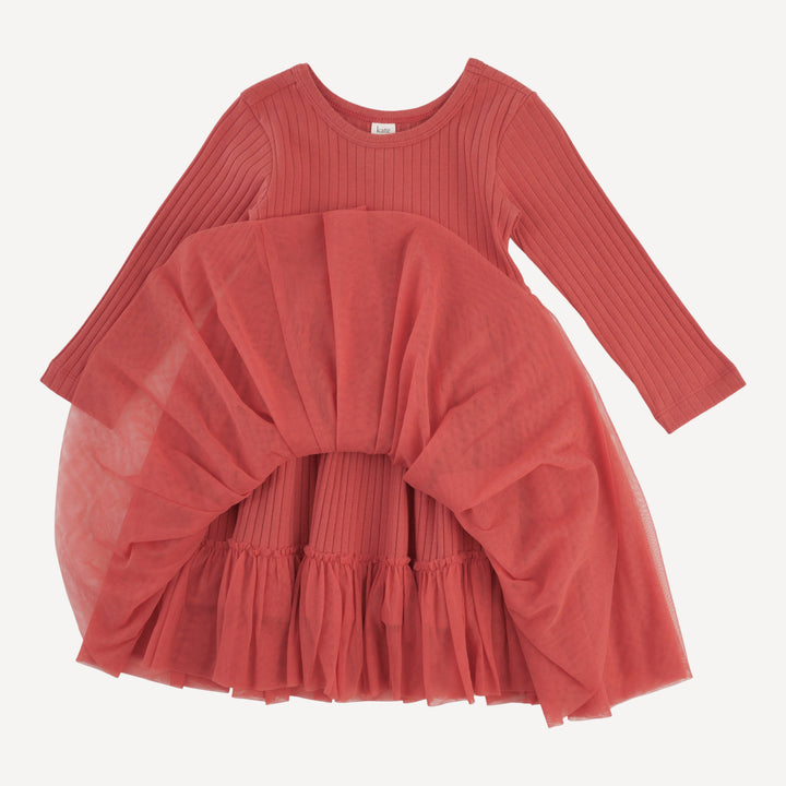 long sleeve ballerina tulle dress | earthen red | organic cotton wide rib