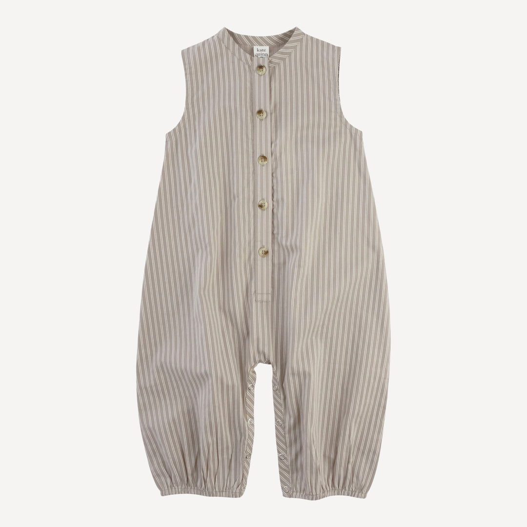 sleeveless button bubble jumpsuit | earthy pinstripe | organic cotton woven