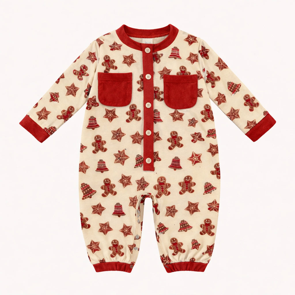 long sleeve trimmed bubble jumpsuit | gingerbread cookies | organic cotton flat rib