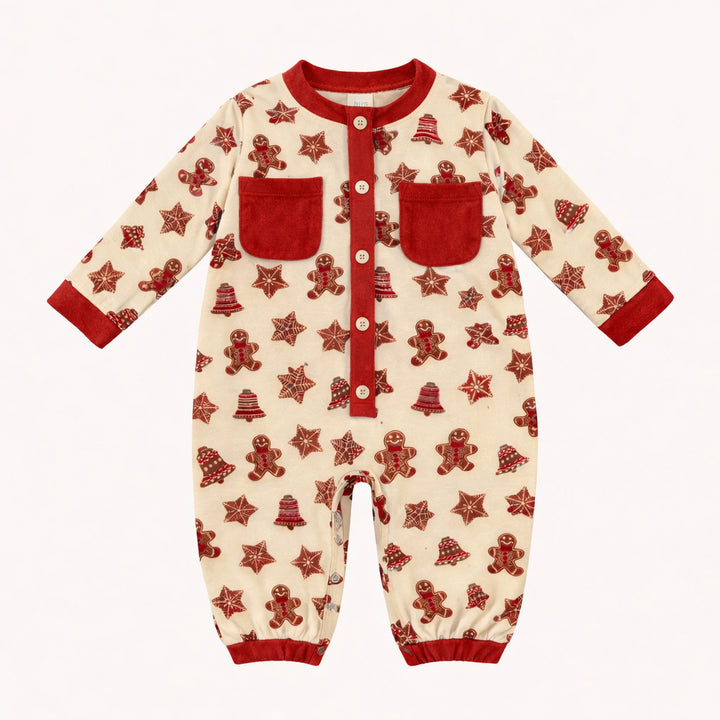 long sleeve trimmed bubble jumpsuit | gingerbread cookies | organic cotton flat rib