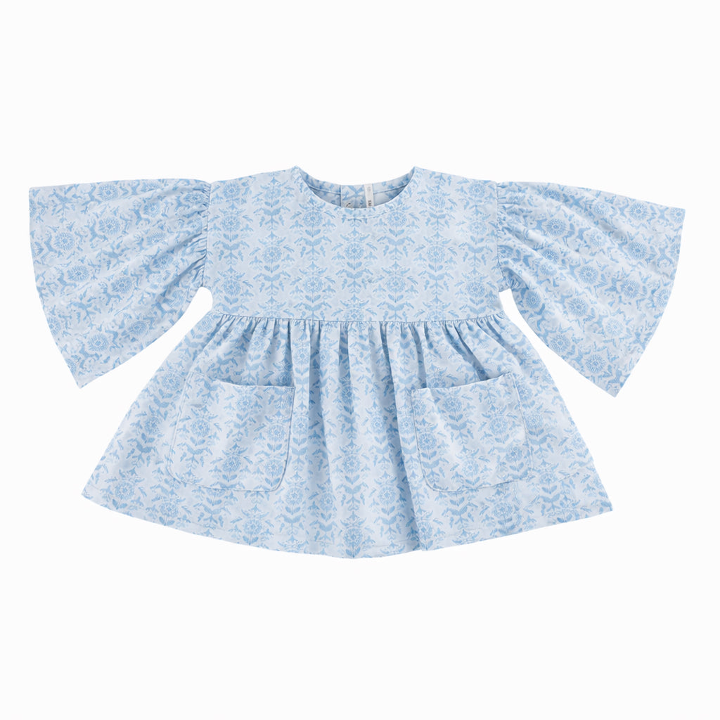 bell sleeve gathered tunic | cornflower folk wallpaper | organic cotton gauze