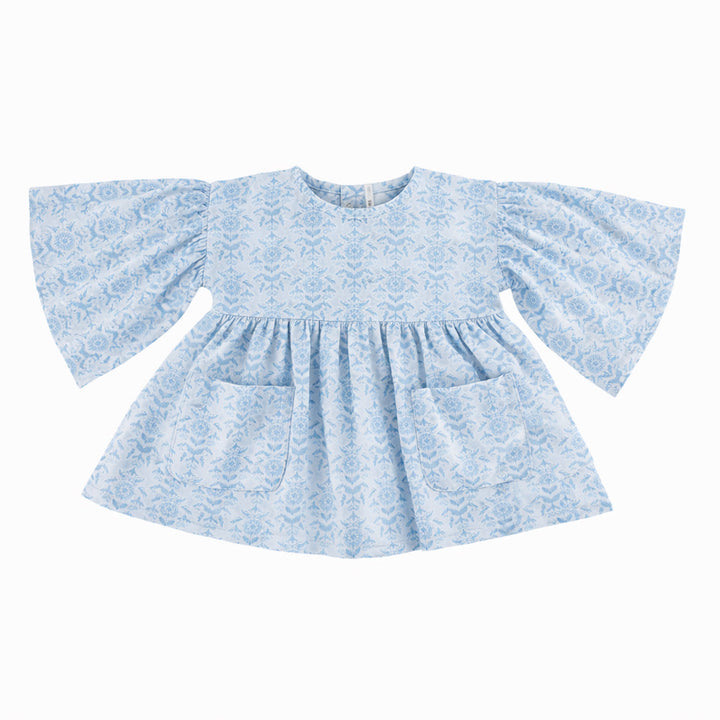 bell sleeve gathered tunic | cornflower folk wallpaper | organic cotton gauze