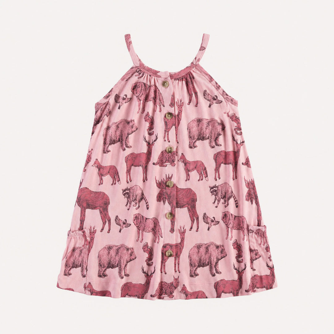 PREORDER sleeveless button pocket dress | pink forest animals | organic cotton interlock