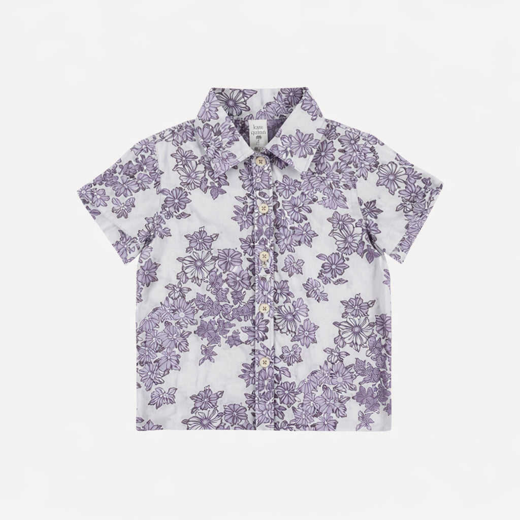 short sleeve button down shirt | lavender wildflower | organic cotton gauze