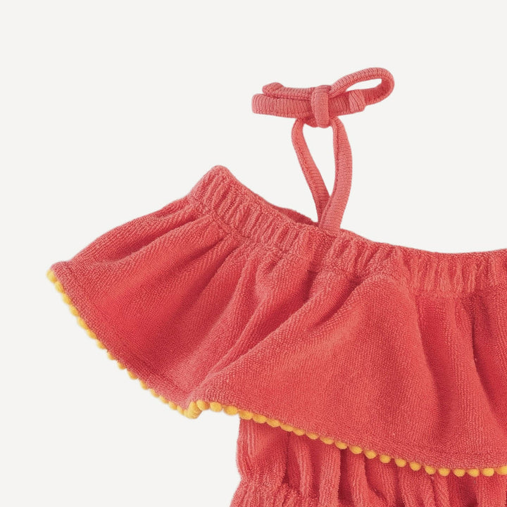 off shoulder ruffle shortie jumpsuit | emberglow | organic cotton terry