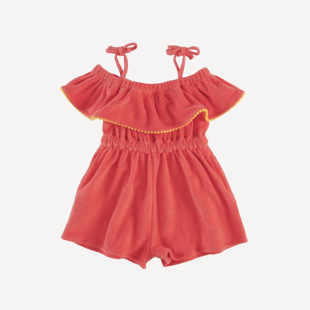 off shoulder ruffle shortie jumpsuit | emberglow | organic cotton terry