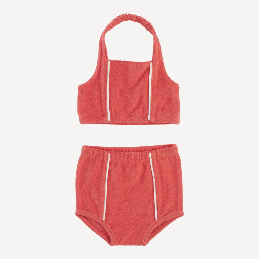 piped retro halter sunsuit | emberglow | organic cotton terry
