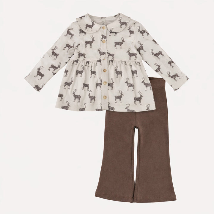 long sleeve peter pan button top + flare pant set | coffee reindeer | organic cotton flat rib