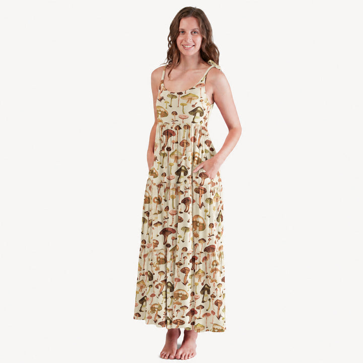 PREORDER womens spaghetti tie prairie dress | litho mushroom | modal