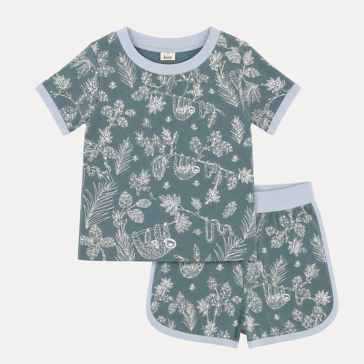PREORDER short sleeve ringer tee + retro track short set | storm sloth | organic cotton interlock